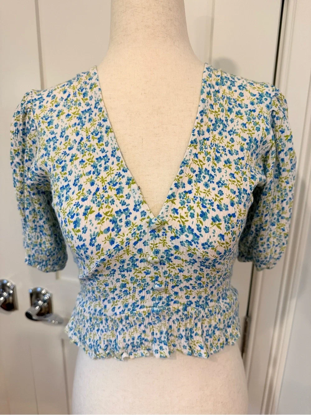 Faithfull the Brand Mona Blue and White Floral V-Neck Peplum Blouse